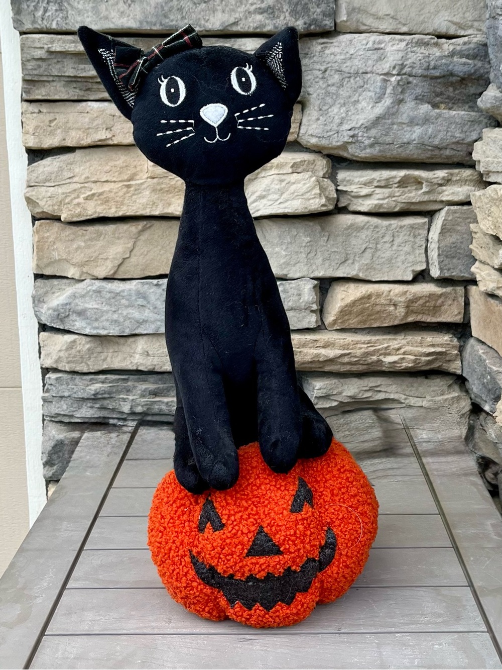 Black Cat on Orange Pumpkin Jack-o’-lantern Plush Halloween Display 17in